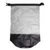 A waterproof bag features a clear upper section and a black lower section, equipped with a secure closure.