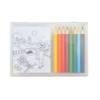 A drawing set with a clear case containing colored pencils in various hues and a coloring sheet featuring a cartoon character.