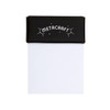 A black memo pad with a textured cover and a white notepad inside. It features a logo on the front.