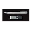 A silver pen and a gray flash drive on a black background, featuring a logo on the flash drive.