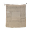 A beige mesh produce bag with a drawstring closure and a small pocket on the front. It features a branding logo.