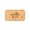 A bamboo cutting board in a rectangular shape with a printed logo design.