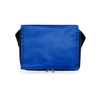 A blue zipped bag with black details, featuring a smooth, solid-coloured exterior.