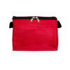 A red zippered bag with a black strap, featuring a smooth exterior and a simple design.