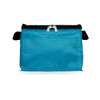 A teal zippered pouch with black accents, featuring a secured compartment and a flat back. It has a simple design.
