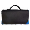 A black leisure picnic blanket with a blue tie-dye underside, featuring a carry handle.