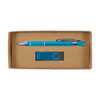 A cardboard gift set featuring a blue pen and a matching USB flash drive, neatly arranged in a brown box.