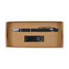 A cardboard gift set featuring a sleek pen and a clip, neatly packaged in a brown box.