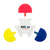 A Spinner Highlighter featuring red, yellow, and blue caps with a central white body and a logo.