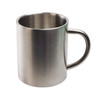 A stainless steel coffee mug with a sleek, brushed finish and a sturdy handle.