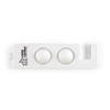 A white phone stand with two circular mounts and a hook, featuring a logo.