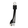 A black and silver charging cable with multiple connectors, featuring a keychain attachment.