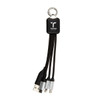 A charging cable with multiple connectors, featuring a black and silver design, attached to a keyring.