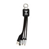 A black charging cable with three connectors and a keyring attachment, featuring a logo.
