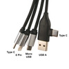 A Kinetic Square Glow Cable featuring Type C, 8 Pin, Micro USB, and USB A connectors in a braided design.