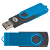 A Swivel USB Flash Drive in blue and black with a clip design. The drive features a shiny blue casing and a silver logo.