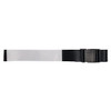 A luggage strap featuring a black adjustable buckle and a wide, reflective silver band for enhanced visibility.