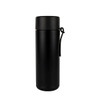A drink bottle in matte black finish with a secure lid and a handy strap. Features a logo.