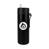 A drink bottle featuring a sleek black design with a logo and a straw lid. It holds 600ml.