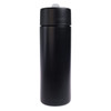 A drink bottle in matte black finish with a sleek design and a removable lid, featuring a branding logo.