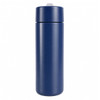 A drink bottle in navy blue with a sleek, stainless steel design and a logo on the surface.