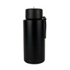 A drink bottle in matte black finish, featuring a sleek design and a logo. Ideal for hydration on the go.