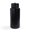 A drink bottle in matte black finish with a sturdy design and a cap, featuring a logo on its surface.