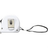 A white measuring tape with a black strap, featuring a metal clip and a small level indicator.