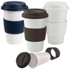 A ceramic coffee mug set featuring white and dark-coloured mugs with silicone sleeves and lids for heat protection.