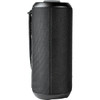 A black rugged fabric waterproof Bluetooth speaker with a textured surface and a carrying strap.