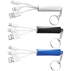 A trio of charging cables in white, black, and blue, each with a keyring attachment and a logo.