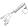 A white 3-in-1 charging cable with multiple connectors, attached to a keyring for easy portability.