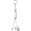 A white 3-in-1 charging cable keychain with multiple connectors and a logo.