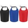 Three waterproof outdoor bags in black, blue, and red, featuring adjustable tops and clips, with a logo present.