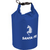 A blue waterproof outdoor bag with a secure clip and a logo. Ideal for keeping contents dry.