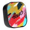 A compact Bluetooth speaker in black with a vibrant, abstract colourful design, featuring a logo on the front.