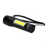 A black mini rechargeable flashlight with a yellow LED strip and a wrist strap. It features a sleek design.