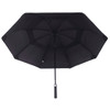 A black vented tipless golf umbrella featuring a sturdy handle and eight panels. It has branding on the handle.