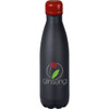 A drink bottle in matte black with a red screw-top lid and a logo featuring a leaf and berries.