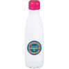 A drink bottle with a white body and a pink lid, featuring a circular logo. Designed for vacuum insulation.