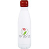A drink bottle featuring a white body and red cap, with a logo on the front. It has a vacuum insulated design.