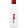 A drink bottle in white with a red cap, featuring a logo on the side. It is vacuum insulated and holds 500ml.