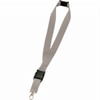 A grey lanyard featuring a buckle and a clip for attachment, designed for exhibitions and events.