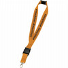 An orange lanyard with a black logo and a clip for attaching items, designed for exhibitions and events.