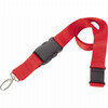 A red lanyard featuring a black buckle and a metal attachment clip. Ideal for holding badges or keys.