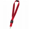 A red lanyard featuring a branded logo, designed for exhibitions and events, with a detachable clip.