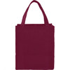A maroon reusable grocery tote bag with two handles and a solid design, featuring a branding logo.