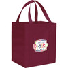 A maroon non-woven grocery tote bag with sturdy handles and a logo on the front.