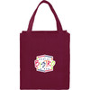 A maroon reusable grocery tote with shoulder straps and a logo on the front. Ideal for shopping and carrying items.