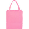 A pink non-woven grocery tote with handles and a spacious interior. Features a logo on the front.